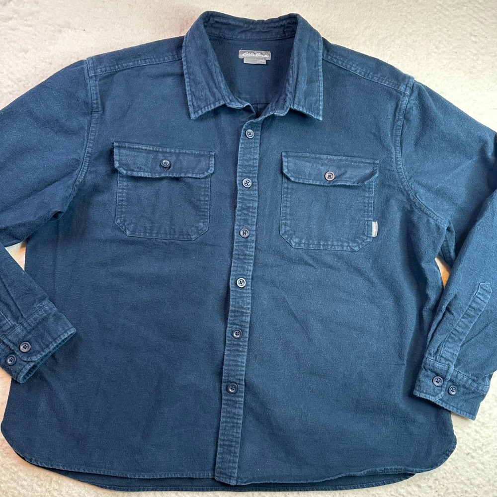 Eddie Bauer Mens Large Blue 100% Cotton Flannel Button Down‎ Shirt Long Sleeve